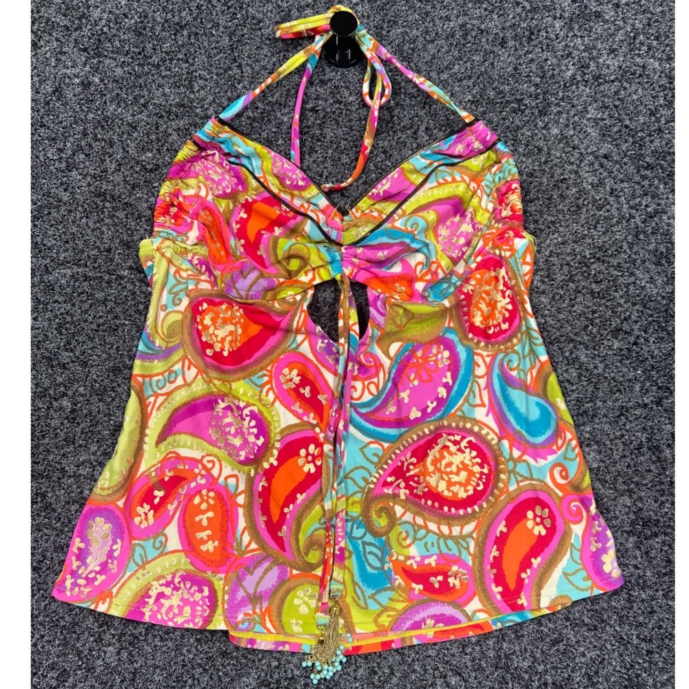 Trina Turk Halter Tankini Top Womens Size 10 Paisley Metallic Gold Boho Swimwear